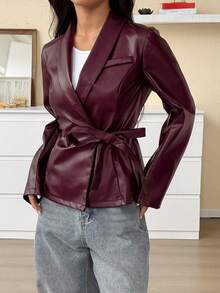 SHEIN EZwear 女士纯色扭结前襟休闲时尚长袖常规外套，秋冬季款 - 酒紅色 - 查看 3