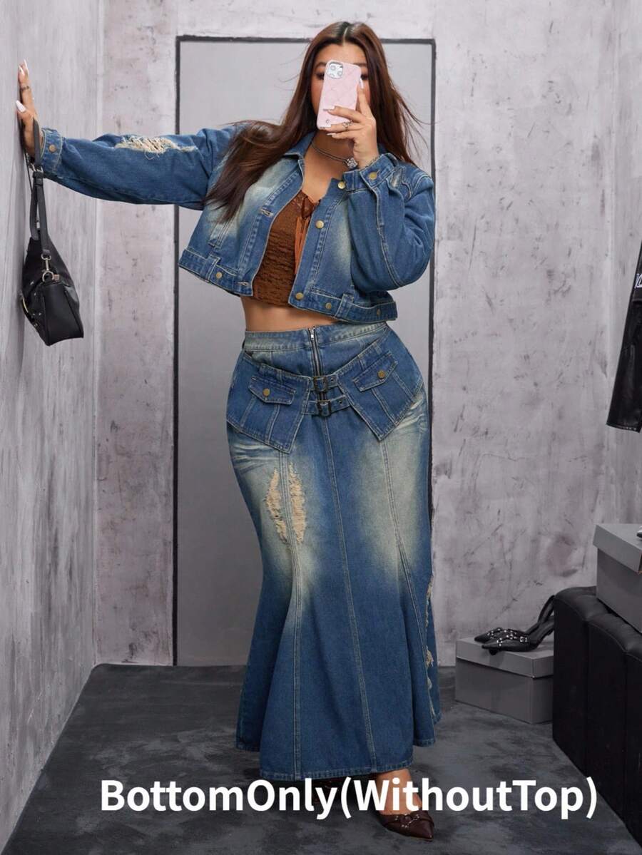 Rivivi Váy denim cổ điển màu xanh đậm phong cách nhóm nhạc nữ K-Pop cỡ lớn dành cho nữ, không co giãn - Rửa tối - Xem 1