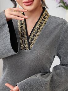 Al Najma Women's Elegant Arabic Style V-Neck Long Sleeve Dress With Ribbon Trim Abaya For Women Dubai Abayas Dubai Luxury Modest Blouse Grey Blouse Bell Sleeves Grey Abaya Modest Abaya - Gold - View 5