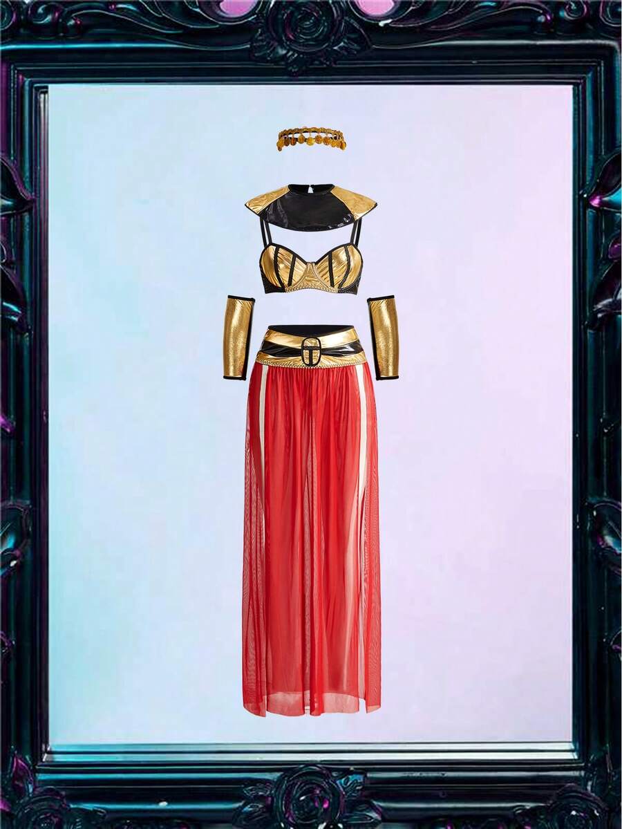 女士服装套装（胸罩、裙子、披肩、2 副手套、头饰） - 酒紅色 - 查看 1