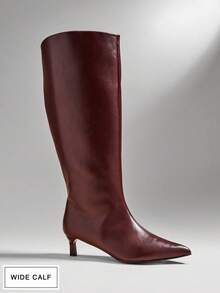 SHUZIA بوت نسائية طويلة الساق ذات كعب قطة مريحة وبسيطة وجذابة بأصبع قدم مدبب من البولي يوريثان - عنابي اللون - مشاهدة 6