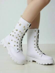 Botas infantiles de moda con tachones metálicos, punta redonda, cordones gruesos y suela gruesa para invierno y fiestas - Blanco - Ver 3