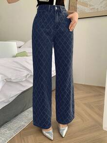 DAZY 女士宽松休闲时尚格子直筒牛仔裤，适合秋季、冬季和春季 - 深色水洗藍 - 查看 4