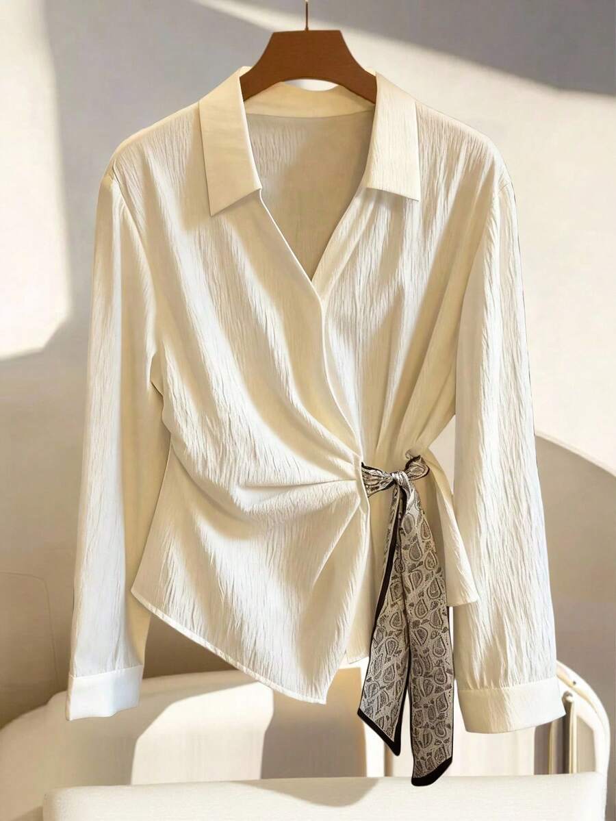 Franclia French-Style Elegant Women's Beige Autumn Office Shirt,V-Neck ...