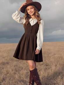 Tween Girl Turndown Collar 2 In 1 Long Sleeve Dress, Front Button Pleated Autumn Dress, Suitable For Outings, Street, And School Wear - Coffee Brown - View 1