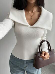 Livesso Sweater Wanita Lengan Panjang Kerah Tinggi Model Slim Fit Warna Polos, Cocok untuk Sekolah Musim Gugur/Dingin - Putih - View 5