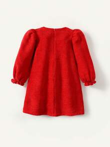 Maija Kids Young Girl Red Tweed Patchwork White Bow Collar Long Sleeve Dress - Red and White - View 2
