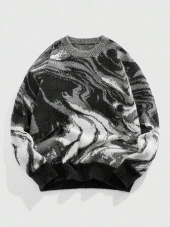Street Life Pull col rond à manches longues en cachemire avec motif marbre, style décontracté, automne/hiver
