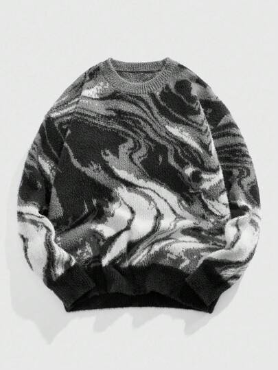 Street Life Men's Casual Marble Pattern Crew Neck Long Sleeve Cashmere Sweater, Autumn/Winter