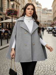 Modelyn Mantel Jubah Wol Warna Polos Ukuran Besar, Musim Gugur/Dingin - Grey - View 3