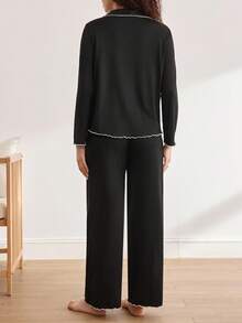 Moonlight&Mama 舒适波浪荷叶边黑色弹力简约翻领长袖上衣和裤子睡衣套装，适合秋季、秋冬季穿着的舒适孕妇睡衣套装 - 黑色 - 查看 3