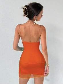 Aloruh Đầm hai dây cổ khoét sâu phối lưới lấp lánh gợi cảm mới, kèm quần short, váy ngắn chống nhấp nháy - trái cam - Xem 2