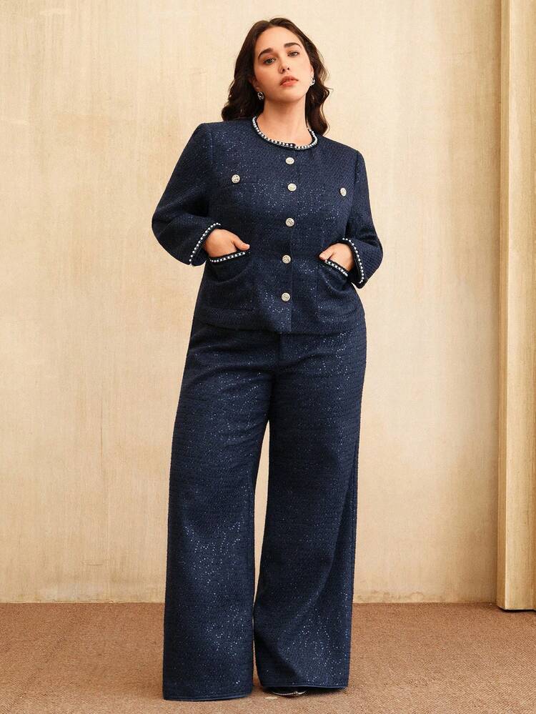 プラスサイズ レディース 秋冬新作 フレンチクラシック レトロモダン ラウンドネック ツイードジャケット スパンコール タッセル パールリボン 上品なメタルデコレーション ウエストシェイプ エレガント