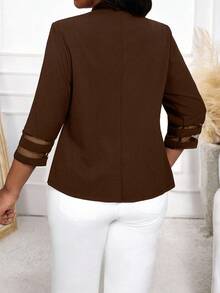 SHEIN Lady 新款大码女装时尚优雅休闲网纱拼接棕色西装外套，秋冬款，适合女士冬季穿着，圣诞节新年期间休闲穿着，优雅正式场合皆宜，时尚系列 - 棕色 - 查看 2