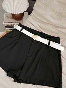 Airaco Pantaloni scurți casual de culoare solidă pentru femei, versatili pentru naveta, vară - Negru - Vizualizare 3