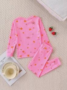 2pcs Girls Cute Cat & Heart Glow-In-The-Dark Print Snug Fit Pajama Set, Long Sleeve Top And Pants