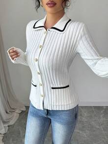 SHEIN Elenzya Women's Elegant Contrast Color Ribbed Metal Button Cardigan, Thanksgiving Autumn/Winter Pocket Lapel Long Sleeve Knit Sweater - White - View 3