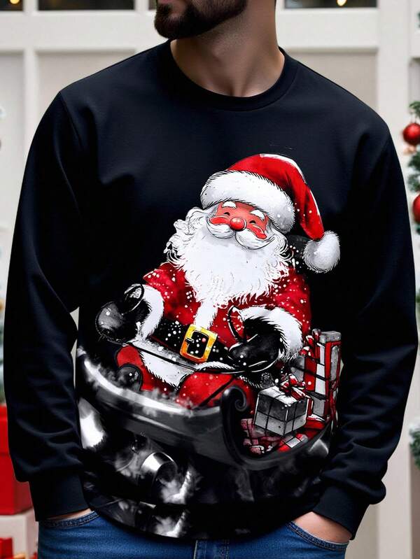 Manfinity Homme Sudadera casual de forro polar con estampado de Papá Noel y graffiti navideño para hombres