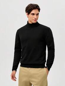 RONVEXI 男士纯色简约高领长袖毛衣，休闲日常穿着男士高领衫，男士高领衬衫，男士套头衫，男装，高领男士，男士高领衬衫，男士高领套头衫 - 黑色 - 查看 6