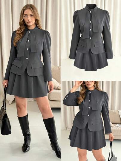 Vionelle Plus Size Women Elegant Tie-Up Rhinestone Decor Blazer & Pleated A-Line Skirt 2 Pieces Set Skirt Suit Suit Dress Blazer Skirt Set For Women Women Suit Set Women Suit Set Office Outfits For Women Set Shirt And Skirt Set Blazer Dresses For Women