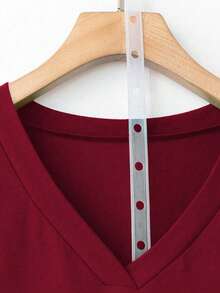 EMERY ROSE Women's V-Neck Loose Casual Versatile Bestselling T-Shirt, Autumn/Winter - Burgundy - View 3