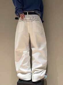 STEELVANCE 男士街头风简约时尚翅膀刺绣百搭阔腿牛仔裤 - 白色 - 查看 2