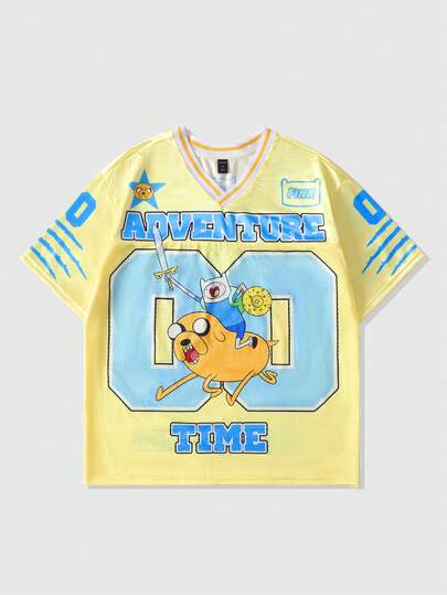 Adventure Time X ROMWE Men's Dog Print Mesh Patchwork Short Sleeve Sports T-Shirt