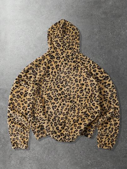 Street Life Men's Casual Leopard Print Fleece Hoodie, Suitable For Autumn