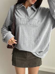 Livesso 女款休閒字母貼布繡運動衫，秋季校園風 - 灰色 - 查看 4