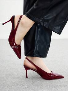 CUCCOO BIZCHIC 女士尖头细高跟露跟搭扣高跟鞋，优雅百搭日常穿着，酒红色 - 酒紅色 - 查看 3
