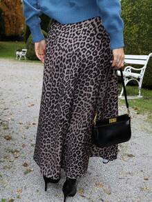 Gretanique 女士优雅豹纹高腰缎面半身裙 - 彩色 - 查看 2