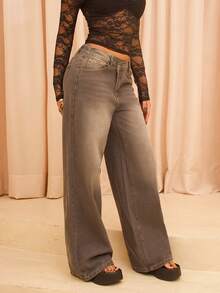 Rayane Ketlyn Women's Thick Denim Wide Leg Pants With Slanted Front Pocket, Blue - Grey - View 6