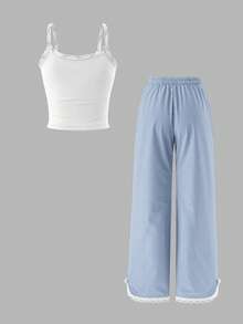 SHEIN Tall 女式夏季休闲蕾丝花边吊带背心和条纹裤两件套，返校季 - 彩色 - 查看 2