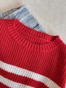PrepCrw 1pc Tween Girls Red And White Stripe Pullover Sweater,Elegant Crew Neck Warm Comfortable Knitwear For School,Autumn,Casual Outings,Christmas Parties - Red and White - View 6