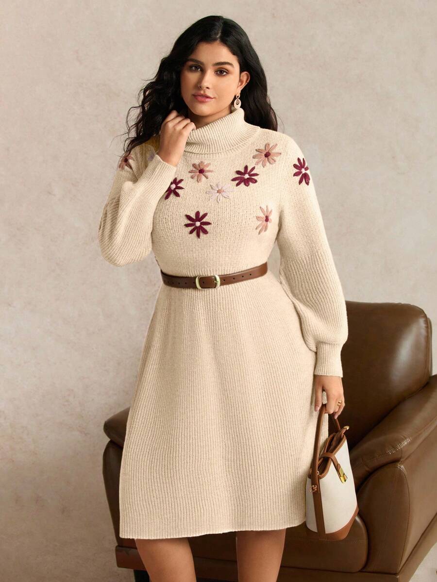 Nubod 大码花卉刺绣高领灯笼袖针织中长连衣裙，优雅显瘦，秋冬款 - 杏色 - 查看 1