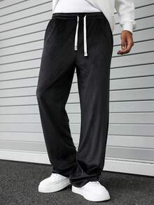 Manfinity EMRG Quần nỉ nam màu trơn có túi rút, quần lót giữ nhiệt rộng rãi, quần nỉ nam có dây rút màu đen, quần nỉ đáy rộng dành cho nam, quần nỉ màu đen Pro Club, dành cho mùa đông - màu đen - Xem 5