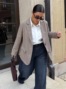 Dripcurv Brown Plus Size Vintage-Style Plaid Blazer For Winter, With A Crossover Design At The Back,New Year Blazer,Old-Money Style - Brown - View 3