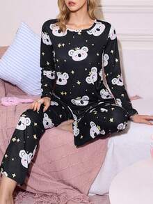 可爱考拉卡通印花圆领女式睡衣套装，可爱睡衣，考拉睡衣，可爱睡衣套装，卡哇伊睡衣，女式睡衣，冬季服装 - 彩色 - 查看 1