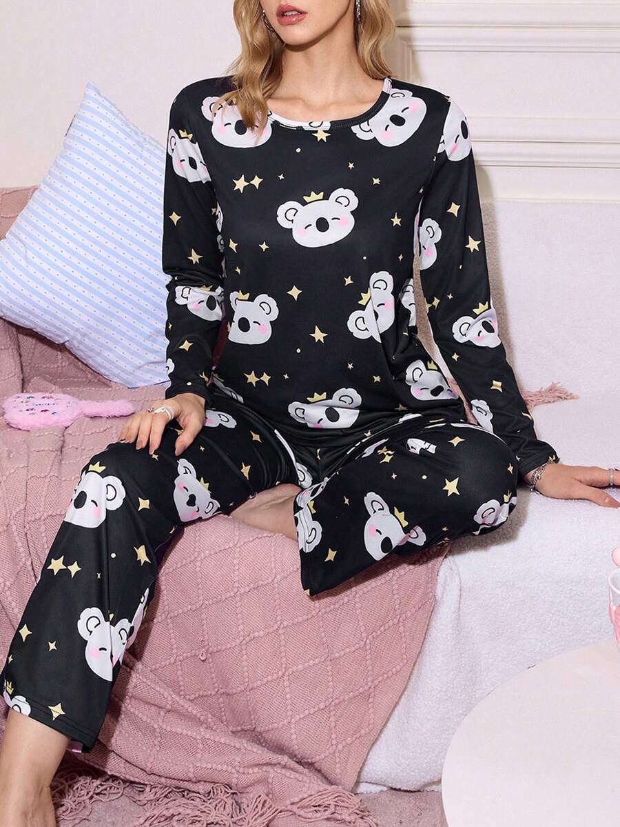 可爱考拉卡通印花圆领女式睡衣套装，可爱睡衣，考拉睡衣，可爱睡衣套装，卡哇伊睡衣，女式睡衣，冬季服装 - 彩色 - 查看 1