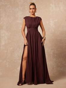 Lumalex 早春女士褶皱垫肩开衩连衣裙,奢华新年新造型,低调奢华,适合舞会、聚会、宴会、晚宴、节日派对、锐舞派对、音乐节、郊游、度假、户外、婚礼季、宴会、宰牲节、新年派对、晚宴、晚会、派对礼服等场合。 - 棕色 - 查看 10