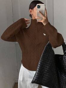 DAZY 女士休闲宽松半拉链毛衣，秋季新品 - 棕色 - 查看 4