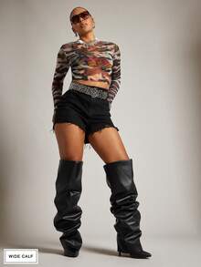 SHUZIA 女士宽筒性感尖头翻边过膝长靴，周末晚宴派对吸睛火辣细高跟靴 - 黑色 - 查看 6