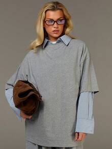 Athîral Women's Casual Commuter Gray Oversize Short Sleeve T-Shirt And Plaid Shirt 2-Piece Set - Multicolor - View 7