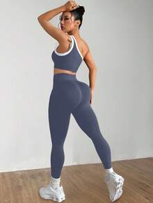 Dewbera Bộ đồ thể thao nữ liền mạch nâng mông một bên vai tập yoga co giãn cao - Xám - Xem 3