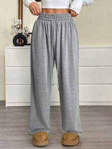 SHEIN EZwear 大码灰色高领扭结休闲宽松运动裤 - 灰色 - 查看 3