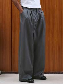 TOKVUE Men's Solid Color Pleated Wide Leg Loose Casual Pants - Dark Grey - View 4
