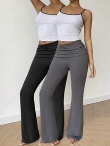 Flirla Women's Solid Color Ruched Waist Yoga Fabric Flare Leggings - Multicolor - View 6