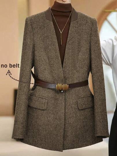 Franclia Women's Simple And Fashionable Brown Coffee Retro Plaid Twill Vintage Thick Woolen Waist Coat Woolen Suit With Lining High-End Single Button Simple Versatile Formal Long-Sleeved Suit Jacket Women's Autumn And Winter Women's Winter Clothes Winter Clothes Christmas New Year Party Graduation Ball Cosplay Elegant Casual Luxury Outing Winter Women's Winter Clothes Elegant Fashion Casual Commuting Business Office Daily Leisure Versatile Temperament Urban Teacher Professional Wear