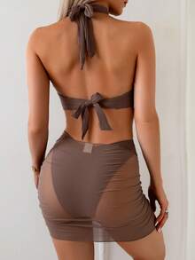 Swim SXY Women's Sexy Elegant Casual Resort Textured Metallic Decor Bikini & Beach Outfit 3-Piece Set - Brown - View 5