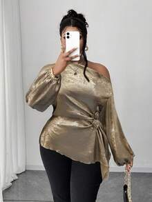 Maweii Cămașă elegantă casual pentru femei, mărime plus, cu umeri oblici, decor 3D cu trandafiri plisați, talie strânsă, material strălucitor, potrivită pentru primăvară, toamnă, iarnă